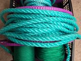 un tas de cordes vertes et violettes dans un panier posé par terre