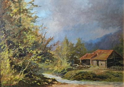 une peinture à l'huile représentant une maison et un ruisseau dans un environnement boisé