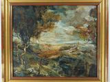une peinture à l'huile représentant un paysage avec des arbres et un bateau au loin