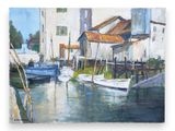 a painting of boats docked in a harbor on a sunny day