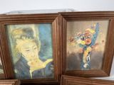 three framed paintings of a woman reading a book and a vase of flowers
