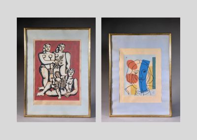 deux tableaux encadrés représentant un couple et un chat