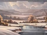 painting of a snowy landscape with a river and trees