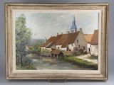 une peinture à l'huile représentant une scène de village avec une rivière et une église