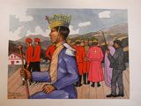 tableau représentant un homme coiffé d'une couronne et tenant une canne