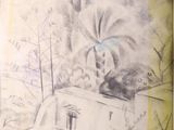 dessin d'une maison dans les bois avec des arbres et des buissons au premier plan