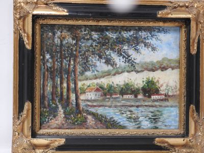 une image d'une peinture d'une maison au bord de l'eau