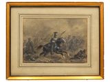 painting of a man on a horse in a battle with other men
