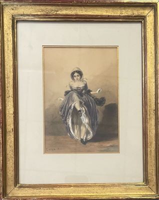 an image of a painting of a woman in a blue dress sitting on a horse
