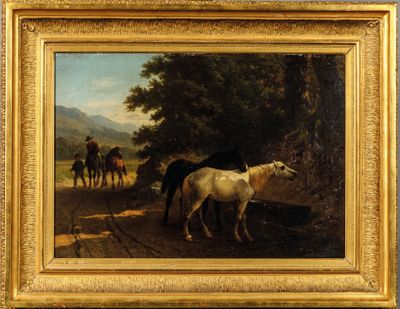 un tableau représentant deux chevaux et un homme à cheval