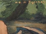 a painting of a woman sitting on a bench by a river