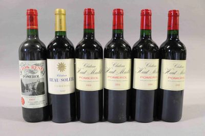 six bouteilles de vin rouge sont alignées