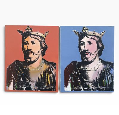 deux tableaux représentant un homme et une femme coiffés de couronnes