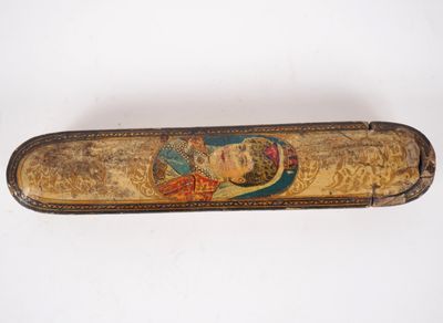 an old wooden case with a painting of a woman on it