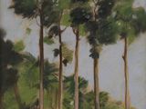 tableau représentant un groupe d'arbres dans un champ, avec une maison en arrière-plan