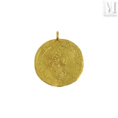 a close up of a gold coin on a white background