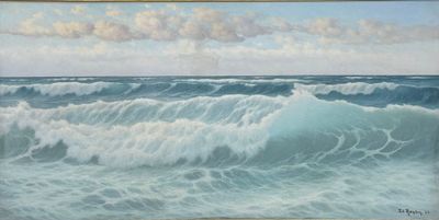 une image représentant un tableau où l'on voit une grande vague déferler sur le rivage