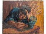 an oil painting of a man sitting at a table with his hands on his face