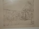drawing of a group of people standing in front of a building