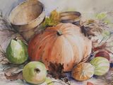 a painting of a pumpkin, apples, and leaves on a table