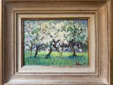 an oil painting of an apple tree in bloom in a field