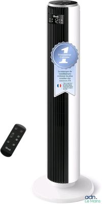 un purificateur d'air en forme de tour, noir et blanc, à côté d'une télécommande