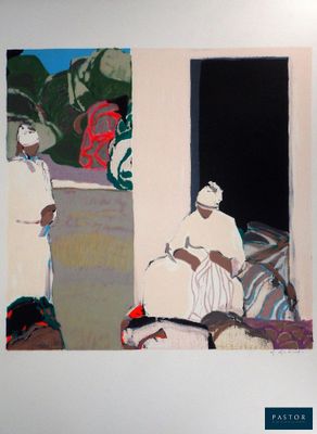 tableau représentant une femme assise sur un canapé devant un tableau représentant un homme