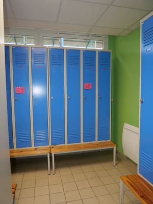 blue lockers are lined up in a row in a green room