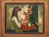 an oil painting of a woman with flowers in a vase on a table
