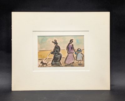 tableau représentant un homme et une femme promenant un chien sur une plage