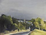 painting of a country road with trees and houses in the distance