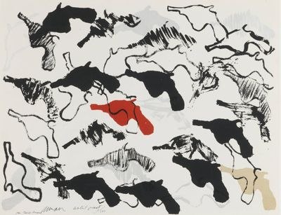 une image représentant un dessin en noir et blanc de fusils et de chevaux