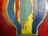 peinture représentant une ampoule sur fond rouge, ornée d'un motif bleu, jaune, rouge et vert