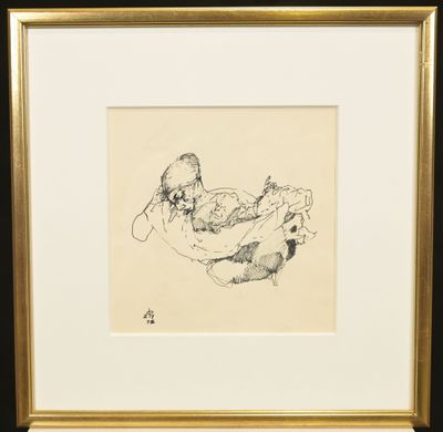 a black and white drawing of a woman laying on her stomach