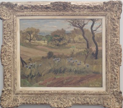 une image d'un tableau représentant un paysage dans un cadre doré