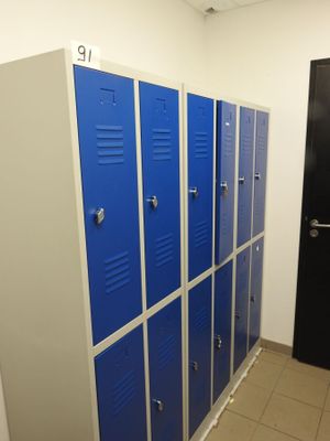 Plusieurs casiers bleus sont alignés dans un couloir, à côté d'une porte noire.