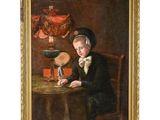 une peinture à l'huile représentant un garçon assis à une table avec une bougie