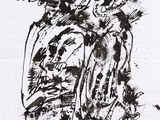 an ink drawing of a woman in a dress with a bird on her shoulder