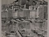 a drawing of boats in a harbor with a castle in the background