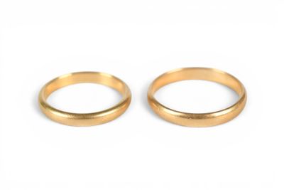 pair of gold wedding rings on a white background