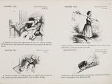 four illustrations of a woman in a dress and a man in a chair