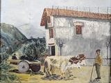 a painting of a man and two cows in front of a building