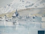 a watercolor painting of a church in the mountains