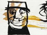 tableau représentant trois hommes coiffés de chapeaux et tenant une cigarette, sur fond blanc