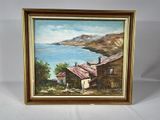 painting of a house by the water with a view of the ocean