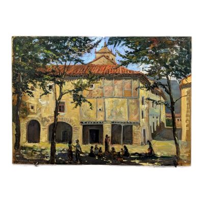 une peinture à l'huile représentant un bâtiment devant lequel se trouve un groupe de personnes