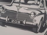 a black and white picture of a car driving down the road