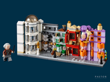 a lego model of a building with a person standing next to it