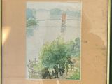 framed watercolor painting of a view of a bridge over a river