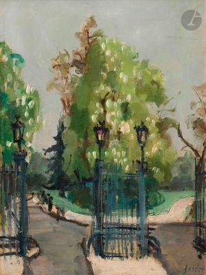 an image of a painting of a gate in a park